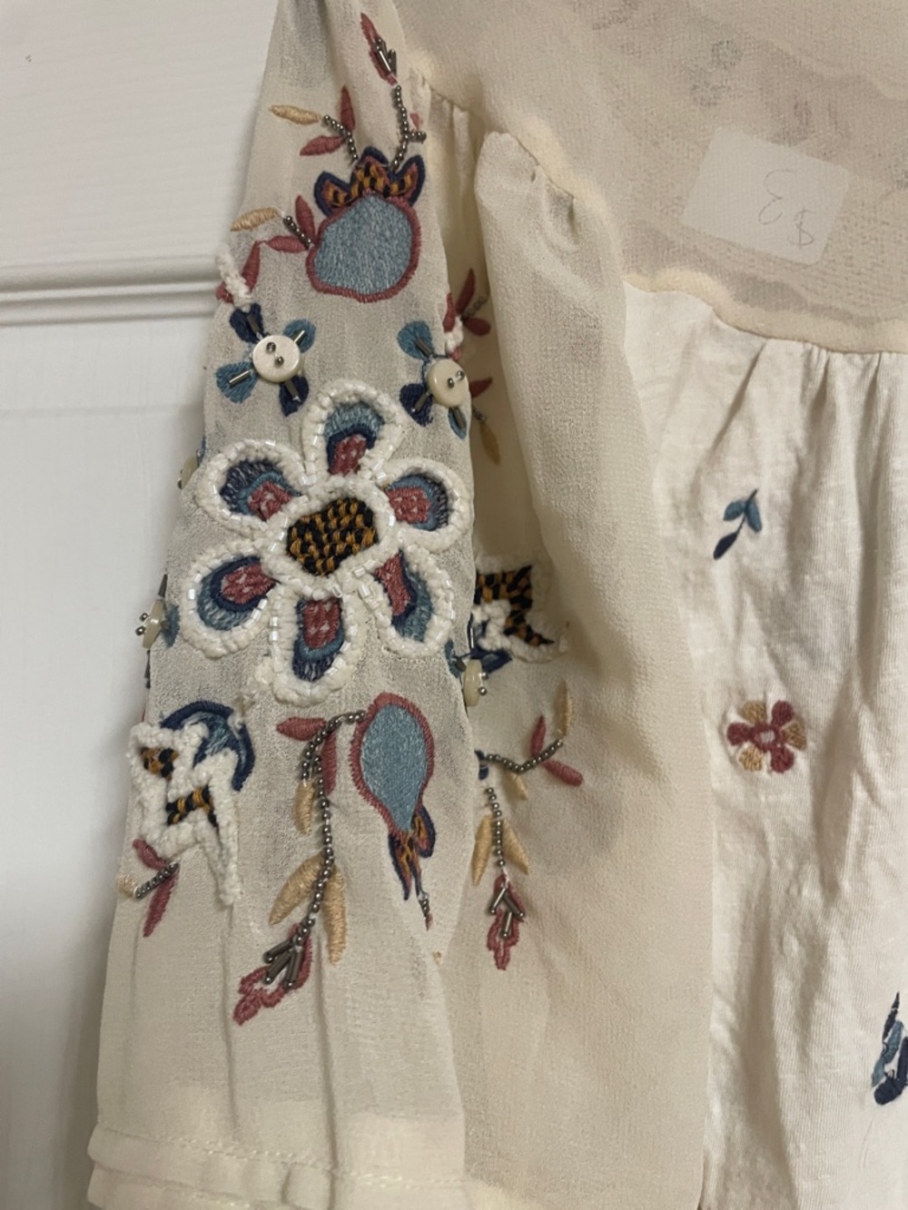 Anthropologie Cream Boho Embroidered Peasant Blouse with Blue & Rust Accents - Picture 5 of 6